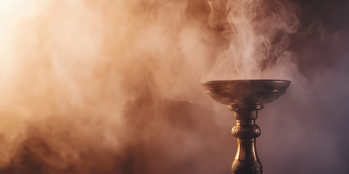 Close up on hookah for vaping. Ceramic hookah bowl with hot coals and smoke on colored abstract background with copy space, banner template