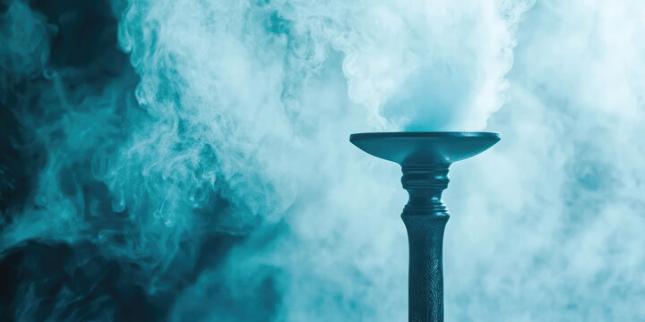 Close up on hookah for vaping. Ceramic hookah bowl with hot coals and smoke on colored abstract background with copy space, banner template