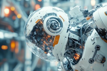 Fototapeta premium Futuristic robot in a high-tech environment, a close-up shot with a blurred background of digital and mechanical elements. - Generative AI 