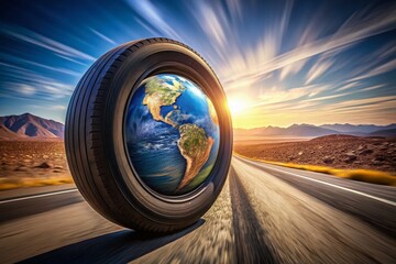 Surreal Globe in Rolling Tire: Abstract Journey Stock Photo