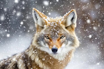 Fototapeta premium A close-up view of a wolf's face in snowy surroundings