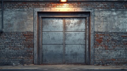 Industrial sliding door with weathered brick wall illuminated by warm light in an urban setting. Generative AI