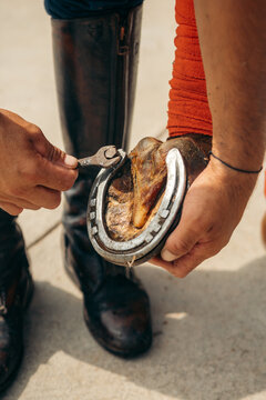 Man adjusting horseshoe
