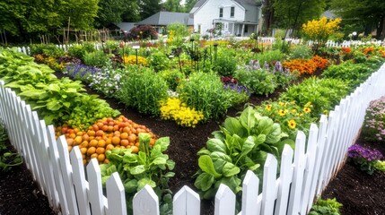 A vibrant community garden bordered by a picket fence, showcasing a mix of produce, herbs, and blooming wildflowers.