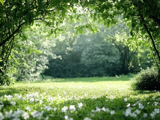 Lush green meadow with blooming flowers under a sunlit canopy in a tranquil forest setting. Generative AI