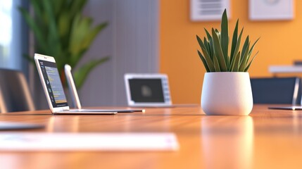 Fototapeta premium Modern office setting with laptops and a potted plant.