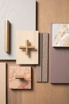 flatlay of samples for architectural design elements and moodboard