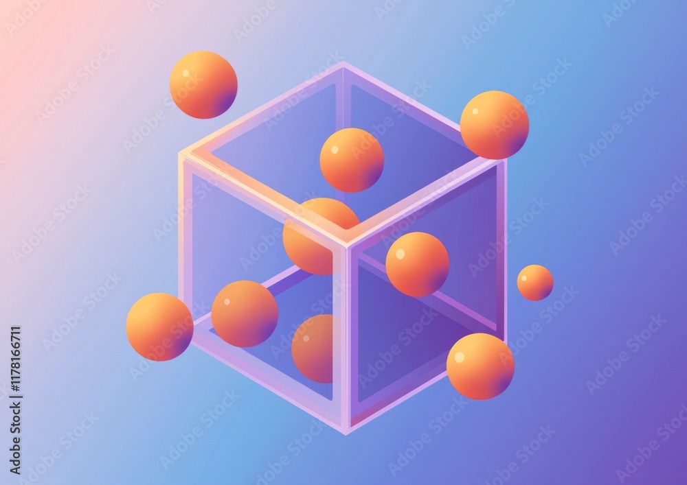 Sticker Abstract 3D cube with floating spheres.