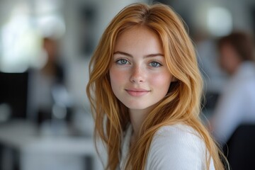 Portrait of a woman with long red hair and blue eyes