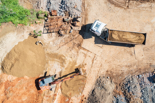 Dump Truck Loading Soil at Sand and Gravel Yard.