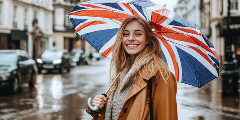 Young beautiful smiling woman with open umbrella with pattern of British flag. Creative concept of language courses, English learning, traveling