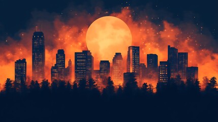 Fototapeta premium Cityscape Silhouette Underneath an Orange Moon and Smoky Sky