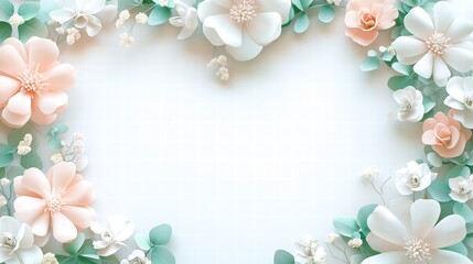 An intricate floral frame with pastel-colored blooms and delicate greenery forming a heart-shaped border.