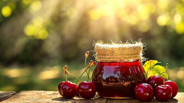 Homemade cherry jam jar beside fresh cherries basking in warm sunlight in a serene outdoor setting