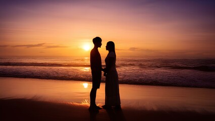 Fototapeta premium Waves roll in the background, adding a serene and romantic atmosphere. Silhouettes of two lovers standing next to each other against the backdrop of a sunset on the beach.
