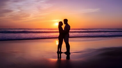 Fototapeta premium Waves roll in the background, adding a serene and romantic atmosphere. Silhouettes of two lovers standing next to each other against the backdrop of a sunset on the beach.