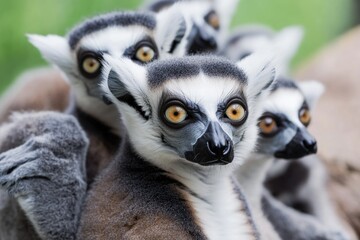 Obraz premium A group of ring-tailed lemurs perched on top of each other, showcasing their social behavior