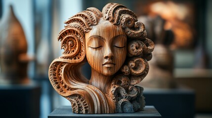 Obraz premium Intricate Wooden Sculpture Of A Woman With Flowing Hair