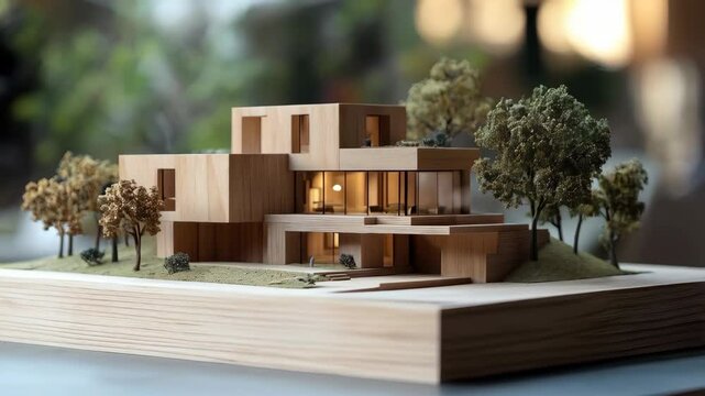 Model of a house is displayed on a table. 4K Video