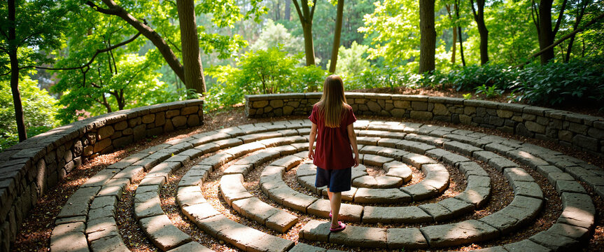 Serene child walking through stone labyrinth in lush garden, wellness