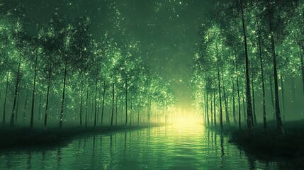 Obraz premium Enchanting green forest reflection on calm water nature scene tranquil environment dreamy concept