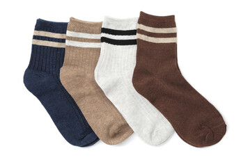 Different soft socks isolated on white, top view