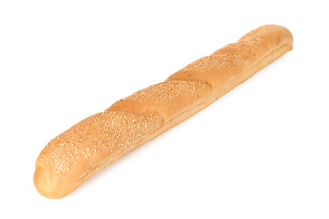 One fresh baguette with sesame isolated on white