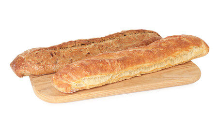 Two freshly baked baguettes isolated on white