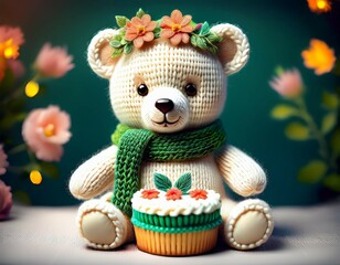 adorable white knitted teddy bear holding a floral decorated cake wearing a green scarf and a flower crown perfect for themes of cuteness celebrations and handmade crafts ai