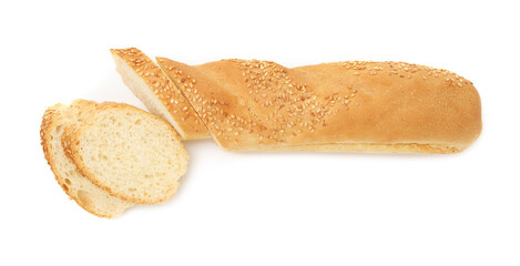 Cut fresh baguette with sesame isolated on white, top view