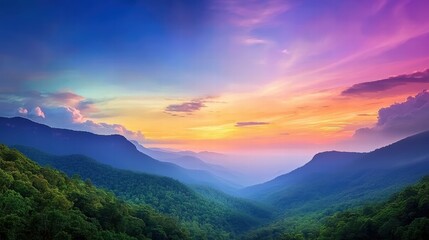 Obraz premium The vibrant Blue Mountains at dusk, with a colorful sky casting shadows on the dense forest-covered valleys below.