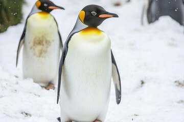 Fototapeta premium Two penguins standing together in snowy environment