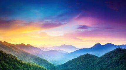 Fototapeta premium The vibrant Blue Mountains at dusk, with a colorful sky casting shadows on the dense forest-covered valleys below.