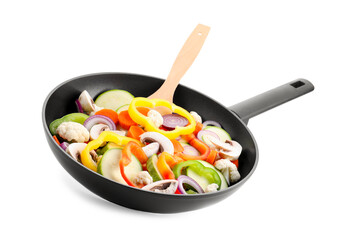 Frying pan with mix of vegetables and mushrooms in air isolated on white