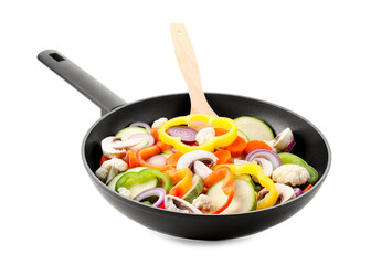 Frying pan with mix of vegetables and mushrooms in air isolated on white