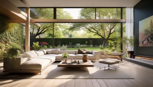 Fototapeta this contemporary living room features expansive glass windows that bring in natural light and offer a beautiful view of a serene garden generative ai