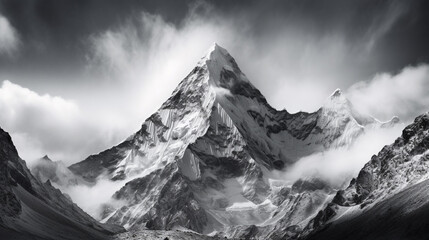 black and white picture of the everest mountain.. 