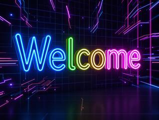 Fototapeta premium Futuristic Neon Tube 3D Welcome Sign with Geometric Letters and Holographic Effects