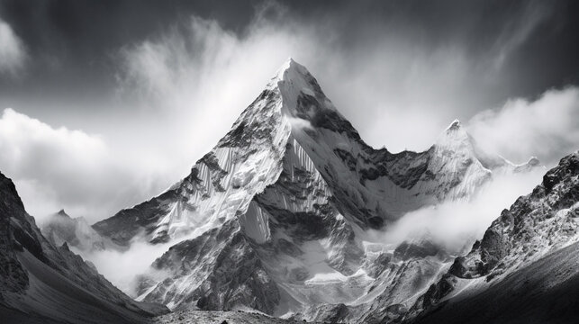 black and white picture of the everest mountain.. 