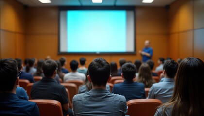 Large audience attentively listens to presentation on big screen in lecture hall. Students sit in rows of orange chairs. Speaker presents in front of big display. Educational event in university