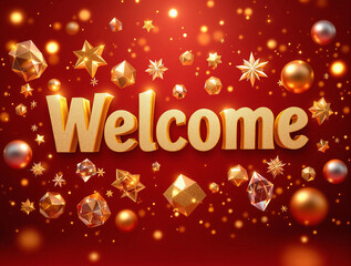 Festive Gold Glitter 3D Welcome Sign with Geometric Shapes and Red Background