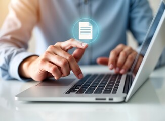 Man working on laptop. Sending curriculum vitae. Male forefinger pressing enter button. Resume upload concept. High quality photo. Businessman using tech for job application. Online submission.