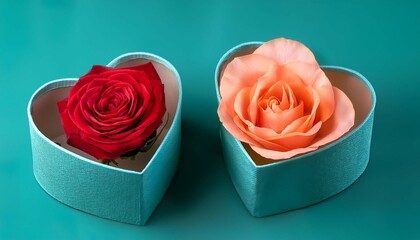 two roses in a heart shaped container on teal background a close up shot of a vibrant peach colored rose and a deep red rose nestled within a heart shaped light teal paper container on a solid teal