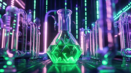 A glowing green flask amidst illuminated lab equipment, suggesting a scientific experiment.
