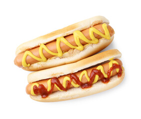 Tasty hot dogs with ketchup and mustard isolated on white, top view