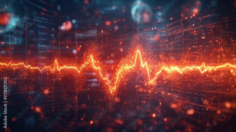 Poster heartbeat representation with glowing waveform on a digital background showcasing data and technolog