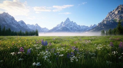 Fototapeta premium Scenic mountain landscape with vibrant wildflowers and mist.
