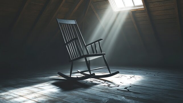 Old rocking chair in a dusty attic illuminated by soft rays of sunlight from a nearby window. Generative AI - Powered by Adobe