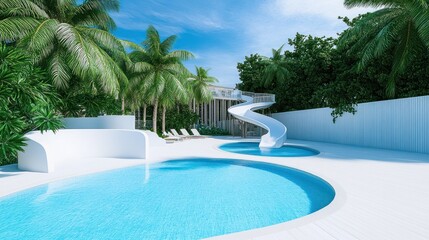 Modern pool area with slide surrounded by palm trees and greenery.