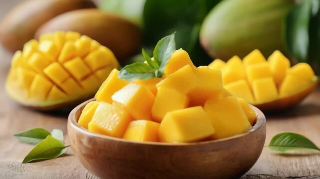 Bowl of mango slices is on a wooden table. 4K Video